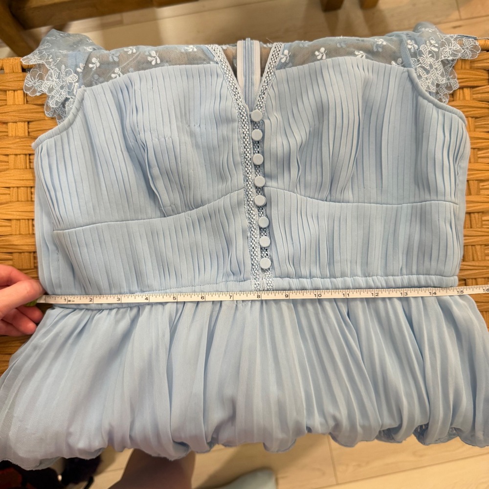 Self-Portrait Light Blue Chiffon Tiered Lace Midi Dress Pleated Short Sleeve 8 - Picture 7 of 8